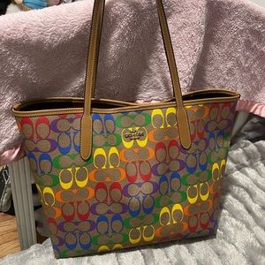 Rainbow signature coach tote bag